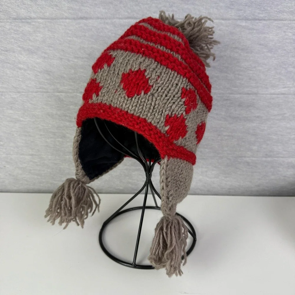 Seasons of Cannon Falls Wool Earflap Hat Red Brown Tassel Pom Pom Winter